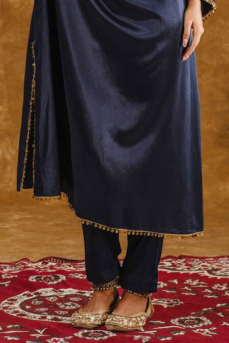 Ekavira_Blue Silk Sequins, Tassels, Zahra Coin Embellished Phiran With Cigarette Pant _Online_at_Aza_Fashions