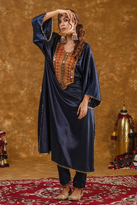 Buy_Ekavira_Blue Silk Sequins, Tassels, Zahra Coin Embellished Phiran With Cigarette Pant _Online_at_Aza_Fashions