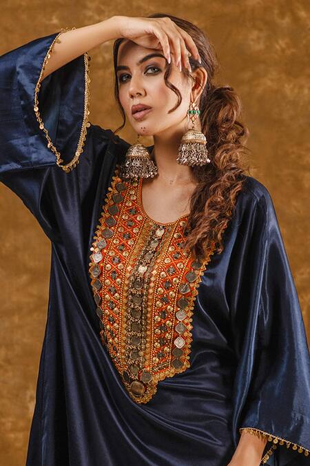 Shop_Ekavira_Blue Silk Sequins, Tassels, Zahra Coin Embellished Phiran With Cigarette Pant _Online_at_Aza_Fashions