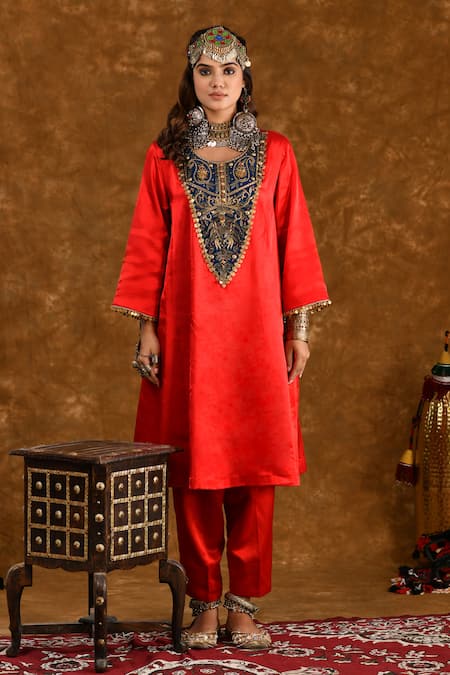 Ekavira Red Silk Embellished Coin Round Kurta With Salwar 