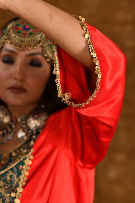 Shop_Ekavira_Red Silk Embroidery Round Neck Coin Embellished Kurta With Salwar _at_Aza_Fashions