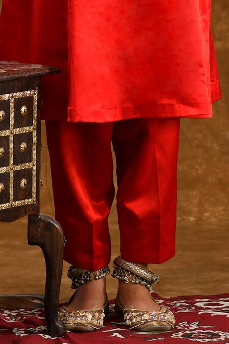 Ekavira_Red Silk Embroidery Round Neck Coin Embellished Kurta With Salwar _Online_at_Aza_Fashions