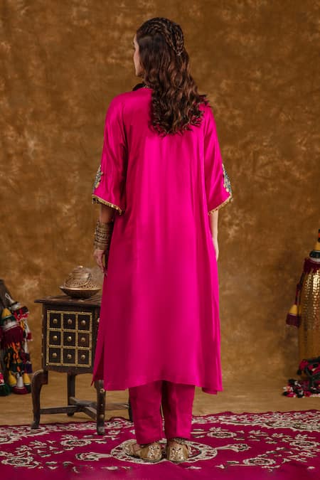 Shop_Ekavira_Pink Silk Embroidery Square Neck Layla Coin Embellished Choga With Salwar _at_Aza_Fashions