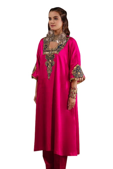 Ekavira_Pink Silk Embroidery Square Neck Layla Coin Embellished Choga With Salwar _Online_at_Aza_Fashions