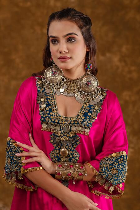 Shop_Ekavira_Pink Silk Embroidery Square Neck Layla Coin Embellished Choga With Salwar _Online_at_Aza_Fashions