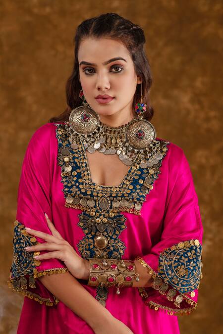 Ekavira_Pink Silk Embroidery Square Neck Layla Coin Embellished Choga With Salwar _at_Aza_Fashions