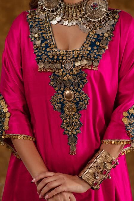 Buy_Ekavira_Pink Silk Embroidery Square Neck Layla Coin Embellished Choga With Salwar 