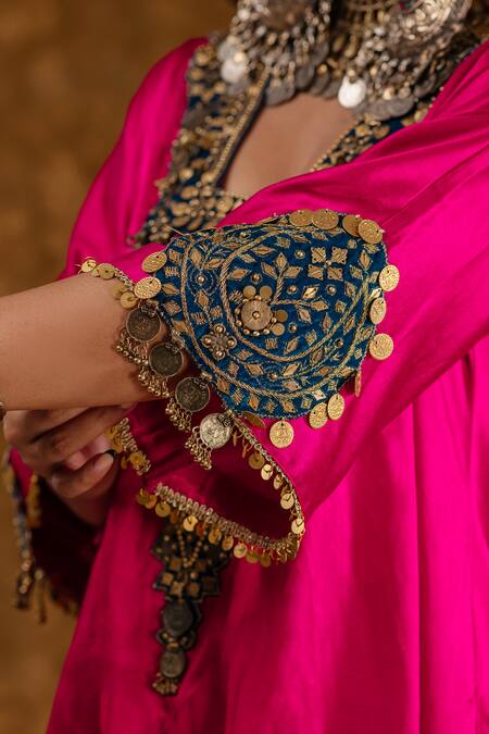 Shop_Ekavira_Pink Silk Embroidery Square Neck Layla Coin Embellished Choga With Salwar 