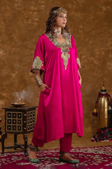 Shop_Ekavira_Pink Silk Embroidery, Tassels, Layla Charm Embellished Choga With Salwar _at_Aza_Fashions