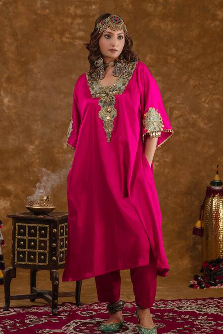 Ekavira_Pink Silk Embroidery, Tassels, Layla Charm Embellished Choga With Salwar _Online_at_Aza_Fashions