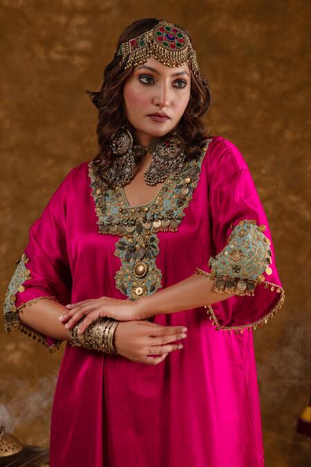Shop_Ekavira_Pink Silk Embroidery, Tassels, Layla Charm Embellished Choga With Salwar _Online_at_Aza_Fashions