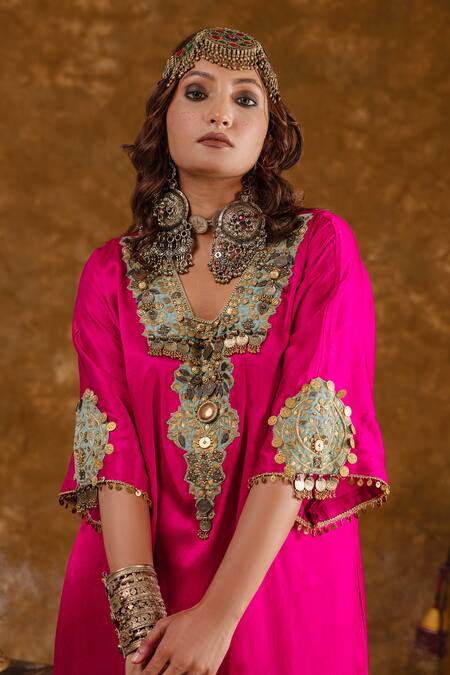 Ekavira_Pink Silk Embroidery, Tassels, Layla Charm Embellished Choga With Salwar _at_Aza_Fashions