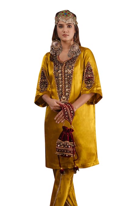 Ekavira_Yellow Silk Patchwork, Tassels Rubina Coin Embellished Kurta With Tulip Pant _Online_at_Aza_Fashions