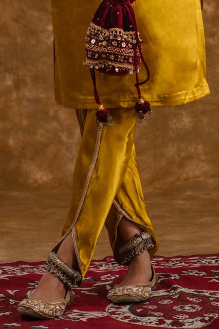 Buy_Ekavira_Yellow Silk Patchwork, Tassels Rubina Coin Embellished Kurta With Tulip Pant _Online_at_Aza_Fashions
