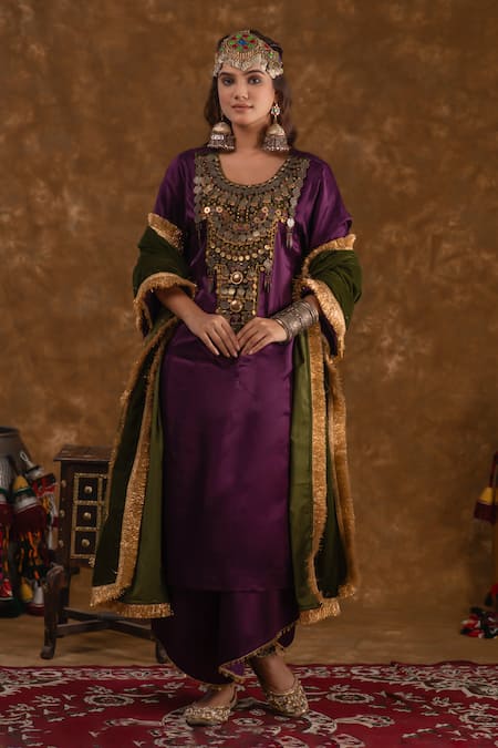 Ekavira_Purple Silk Tassels, Embroidery Shaira Coin Embellished Kurta Wrap Palazzo Set _Online_at_Aza_Fashions