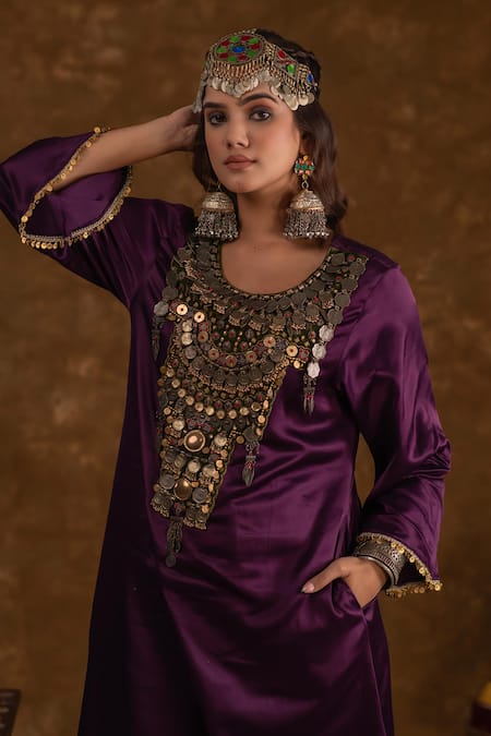 Buy_Ekavira_Purple Silk Tassels, Embroidery Shaira Coin Embellished Kurta Wrap Palazzo Set _Online_at_Aza_Fashions