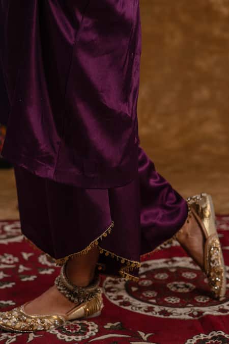 Ekavira_Purple Silk Tassels, Embroidery Shaira Coin Embellished Kurta Wrap Palazzo Set _at_Aza_Fashions