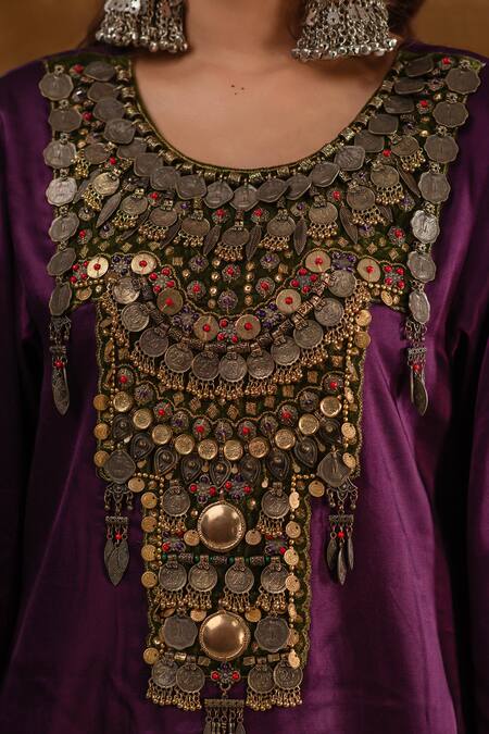Buy_Ekavira_Purple Silk Tassels, Embroidery Shaira Coin Embellished Kurta Wrap Palazzo Set 