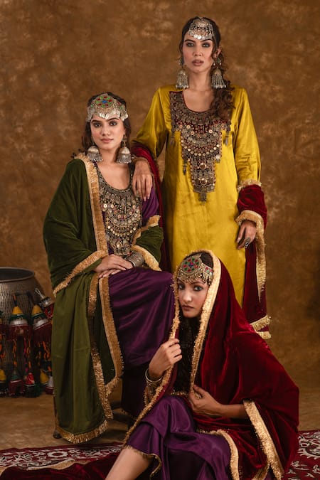 Shop_Ekavira_Purple Silk Tassels, Embroidery Shaira Coin Embellished Kurta Wrap Palazzo Set 