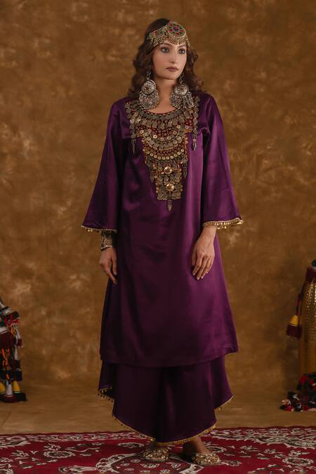 Ekavira Purple Silk Embroidery, Shaira Metallic Embellished Kurta Wrap Palazzo Set Online at Aza Fashions Ekavira_Purple Silk Embroidery, Shaira Metallic Embellished Kurta Wrap Palazzo Set _Online_at_Aza_Fashions