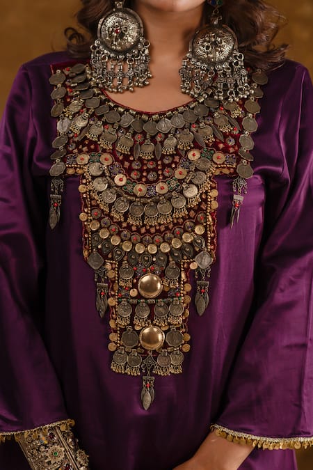 Shop Ekavira Purple Silk Embroidery, Shaira Metallic Embellished Kurta Wrap Palazzo Set Online at Aza Fashions Shop_Ekavira_Purple Silk Embroidery, Shaira Metallic Embellished Kurta Wrap Palazzo Set _Online_at_Aza_Fashions