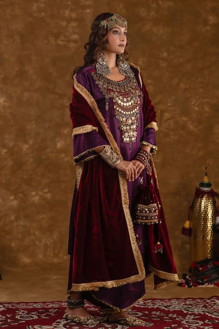 Ekavira Purple Silk Embroidery, Shaira Metallic Embellished Kurta Wrap Palazzo Set at Aza Fashions Ekavira_Purple Silk Embroidery, Shaira Metallic Embellished Kurta Wrap Palazzo Set _at_Aza_Fashions