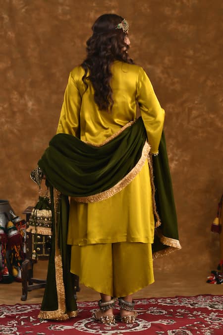 Shop_Ekavira_Yellow Silk Tassels, Metallic Shaira Charm Embellished Kurta Wrap Palazzo Set _at_Aza_Fashions