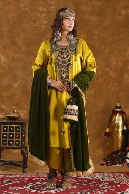 Ekavira_Yellow Silk Tassels, Metallic Shaira Charm Embellished Kurta Wrap Palazzo Set _Online_at_Aza_Fashions