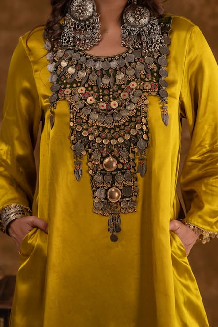 Buy_Ekavira_Yellow Silk Tassels, Metallic Shaira Charm Embellished Kurta Wrap Palazzo Set _Online_at_Aza_Fashions