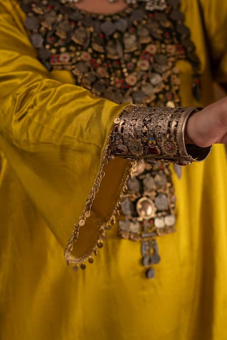 Shop_Ekavira_Yellow Silk Tassels, Metallic Shaira Charm Embellished Kurta Wrap Palazzo Set _Online_at_Aza_Fashions