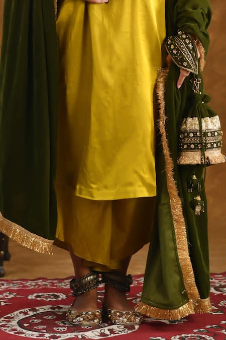Ekavira_Yellow Silk Tassels, Metallic Shaira Charm Embellished Kurta Wrap Palazzo Set _at_Aza_Fashions