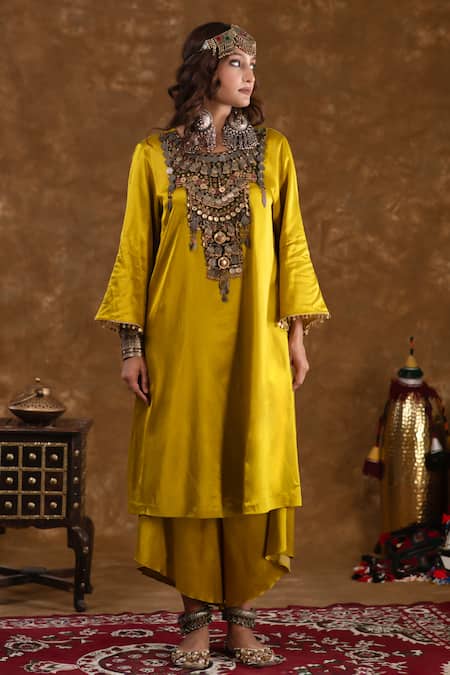 Buy_Ekavira_Yellow Silk Tassels, Metallic Shaira Charm Embellished Kurta Wrap Palazzo Set 