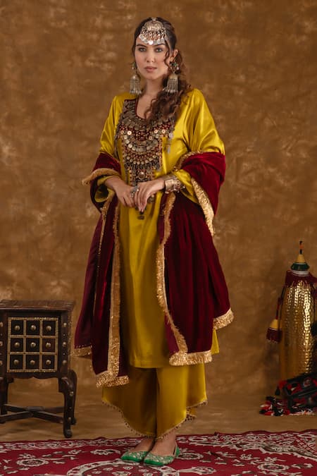 Ekavira Yellow Silk Embellished Coin Round Shaira Patchwork Kurta Wrap Palazzo Set 