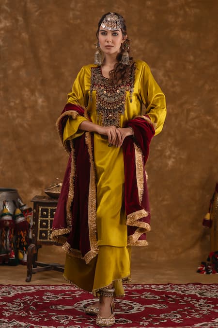 Ekavira_Yellow Silk Tassels, Embroidery, Shaira Embellished Kurta Wrap Palazzo Set _Online_at_Aza_Fashions