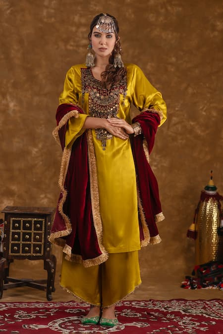 Buy_Ekavira_Yellow Silk Tassels, Embroidery, Shaira Embellished Kurta Wrap Palazzo Set _Online_at_Aza_Fashions