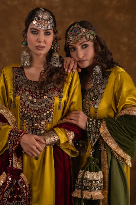 Shop_Ekavira_Yellow Silk Tassels, Embroidery, Shaira Embellished Kurta Wrap Palazzo Set _Online_at_Aza_Fashions