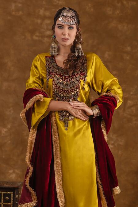 Ekavira_Yellow Silk Tassels, Embroidery, Shaira Embellished Kurta Wrap Palazzo Set _at_Aza_Fashions