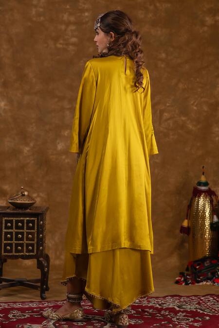 Shop_Ekavira_Yellow Silk Tassels, Embroidery, Shaira Embellished Kurta Wrap Palazzo Set 