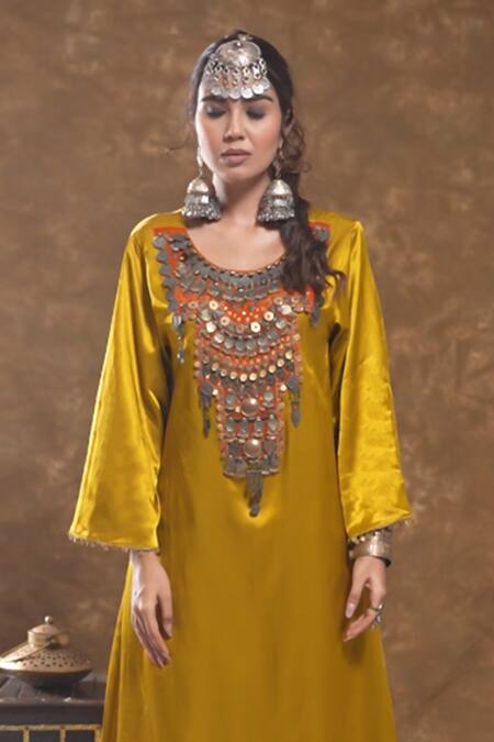 Ekavira Yellow Silk Embroidery Round Neck Shaira Tribal Kurta And Palazzo Set Online at Aza Fashions Ekavira_Yellow Silk Embroidery Round Neck Shaira Tribal Kurta And Palazzo Set_Online_at_Aza_Fashions