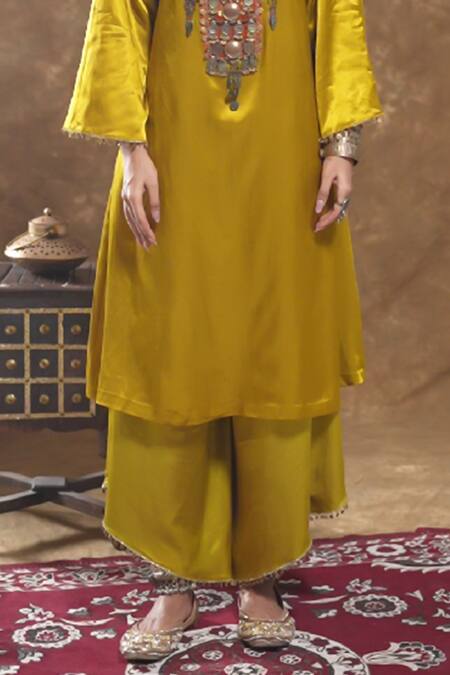 Buy Ekavira Yellow Silk Embroidery Round Neck Shaira Tribal Kurta And Palazzo Set Online at Aza Fashions Buy_Ekavira_Yellow Silk Embroidery Round Neck Shaira Tribal Kurta And Palazzo Set_Online_at_Aza_Fashions