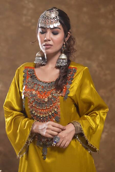 Shop Ekavira Yellow Silk Embroidery Round Neck Shaira Tribal Kurta And Palazzo Set Online at Aza Fashions Shop_Ekavira_Yellow Silk Embroidery Round Neck Shaira Tribal Kurta And Palazzo Set_Online_at_Aza_Fashions
