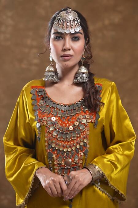 Ekavira Yellow Silk Embroidery Round Neck Shaira Tribal Kurta And Palazzo Set at Aza Fashions Ekavira_Yellow Silk Embroidery Round Neck Shaira Tribal Kurta And Palazzo Set_at_Aza_Fashions