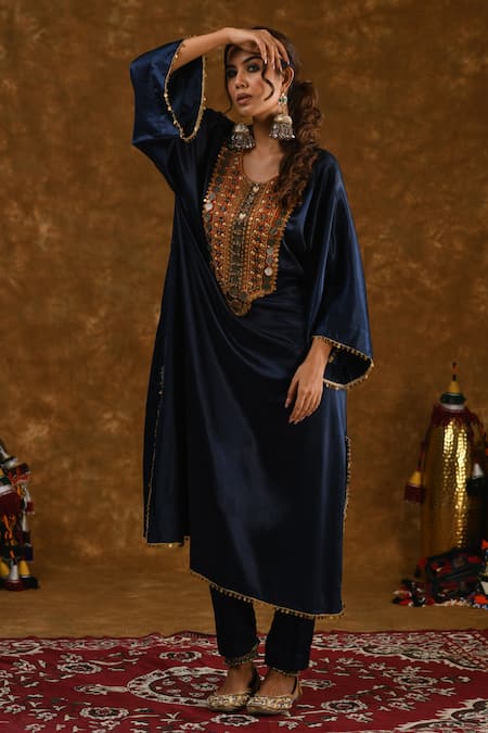 Shop_Ekavira_Blue Silk Embroidery Round Neck Zahra Placket Kurta Pant Set _Online_at_Aza_Fashions