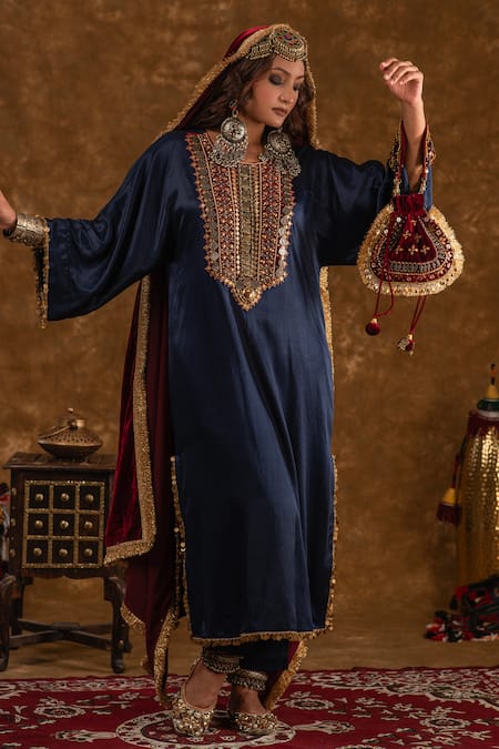 Ekavira_Blue Silk Embroidery Round Neck Zahra Tribal Placket Kurta Pant Set _Online_at_Aza_Fashions