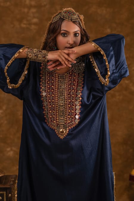 Shop_Ekavira_Blue Silk Embroidery Round Neck Zahra Tribal Placket Kurta Pant Set _Online_at_Aza_Fashions