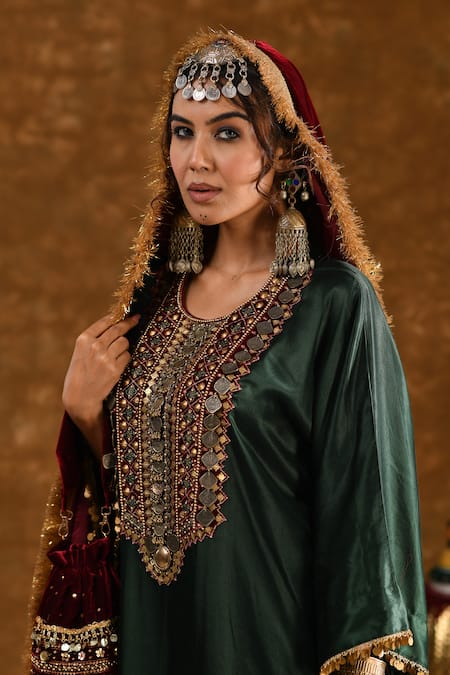 Shop_Ekavira_Green Silk Embroidery Round Neck Zahra Tribal Placket Kurta And Pant Set _Online_at_Aza_Fashions