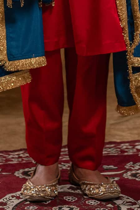 Ekavira Red Silk Embroidery Round Neck Roohi Afghani Kurta Salwar Set Online at Aza Fashions Ekavira_Red Silk Embroidery Round Neck Roohi Afghani Kurta Salwar Set _Online_at_Aza_Fashions