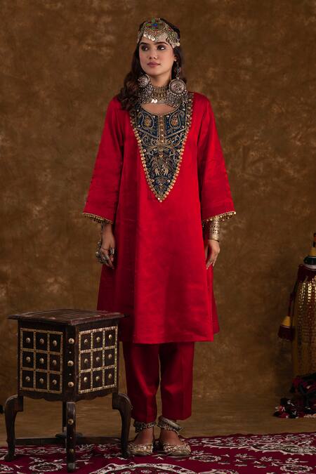 Buy Ekavira Red Silk Embroidery Round Neck Roohi Afghani Kurta Salwar Set Online at Aza Fashions Buy_Ekavira_Red Silk Embroidery Round Neck Roohi Afghani Kurta Salwar Set _Online_at_Aza_Fashions