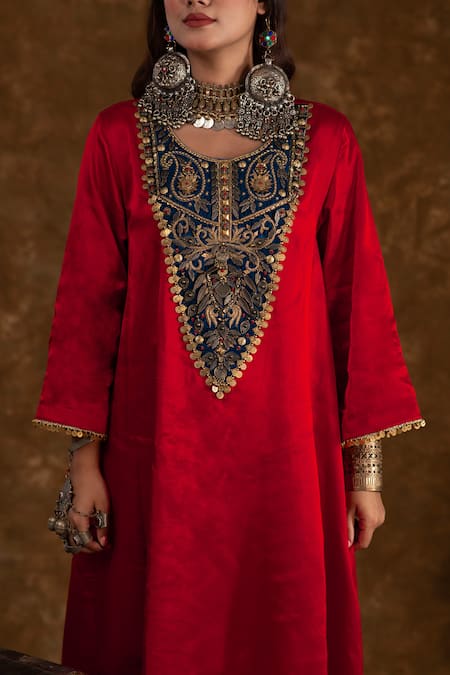 Shop Ekavira Red Silk Embroidery Round Neck Roohi Afghani Kurta Salwar Set Online at Aza Fashions Shop_Ekavira_Red Silk Embroidery Round Neck Roohi Afghani Kurta Salwar Set _Online_at_Aza_Fashions