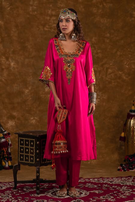 Ekavira_Pink Silk, Velvet Embroidery Layla Tribal Chouga Kurta And Salwar Set _Online_at_Aza_Fashions
